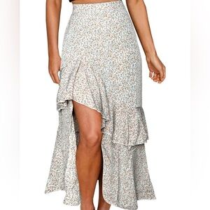 BTFBM Ruffle Maxi Skirt - Light Blue Floral Pattern, Size L